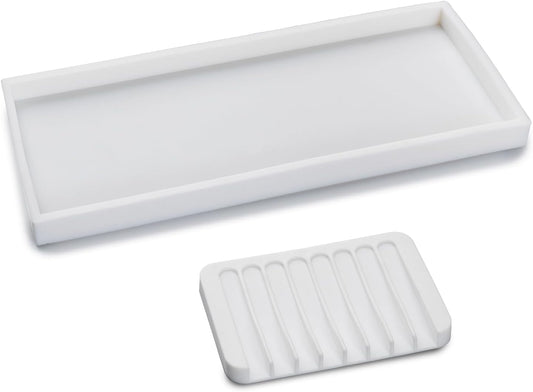 Bloss Small Bathroom Vanity Tray with Soap Dish, 8 x 4 inch Silicone Kitchen Sink Soap Tray,Bathroom Counter Trays Organizer for Candle Perfume Jewelry Key, Write