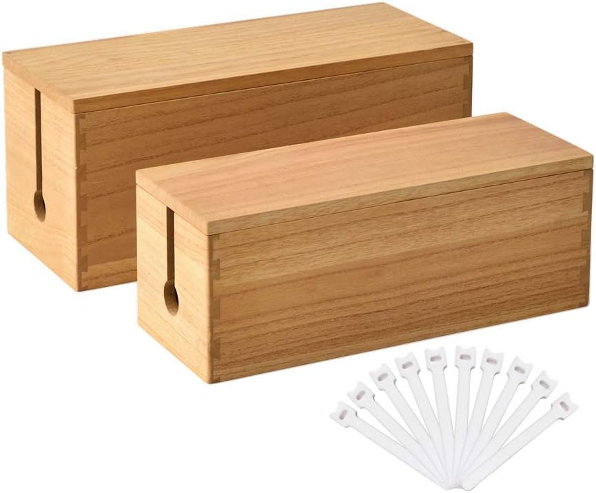 KIRIGEN Cable Management Box Wooden Cord Organizer Hide Power Strip Desk Wires Protector for Home Office TV Computer (DXH2T-NA)