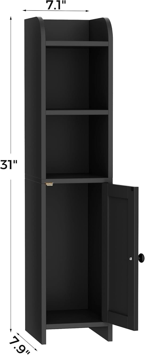 Homhedy Small Bathroom Storage Corner Floor Cabinet with Door and Shelves, Beside The Toilet Paper Stand for Skinny, Narrow Toilet Paper Cabinet, 7.9" D x 7.1" W x 31" H, Black