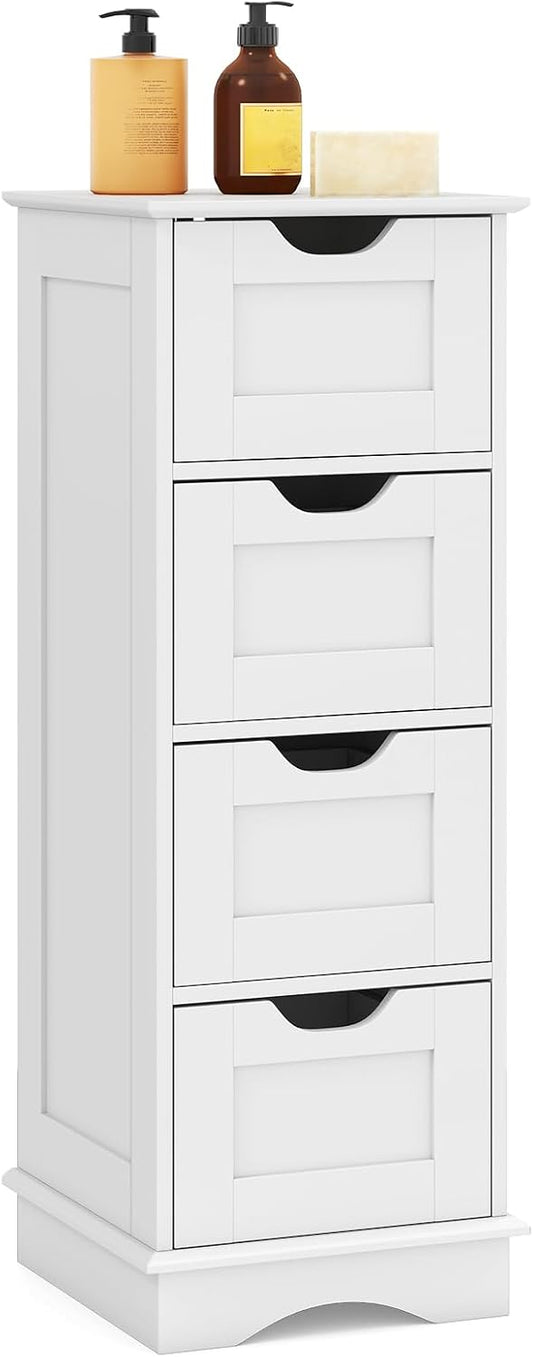 LOKO Bathroom Storage Cabinet with 4 Drawers, Narrow Floor Standing Cabinet with Cut-Out Handles, Anti-toppling Device, Home Storage Organizer Unit for Laundry Room, Living Room, Entryway (White)