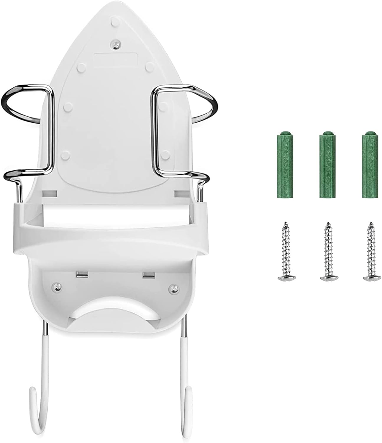 Wall Mount Iron Board Hanger and Ironing Board Storage Organizer Shelf With Removable Hooks for Household Bathroom Laundry Room (White)