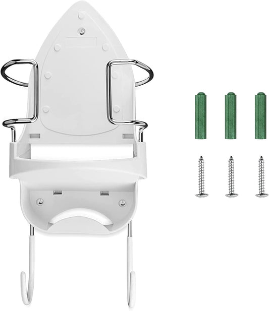 Wall Mount Iron Board Hanger and Ironing Board Storage Organizer Shelf With Removable Hooks for Household Bathroom Laundry Room (White)
