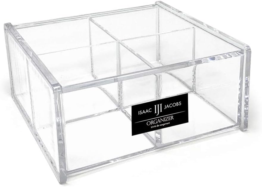 Isaac Jacobs 4-Compartment Square Clear Acrylic Organizer with Lid (5.75" L x 5.75" W x 2.75" H), Multi-Sectional Tray, Stackable, Storage Solution for School, Craft, Office Supplies, Kitchen & More