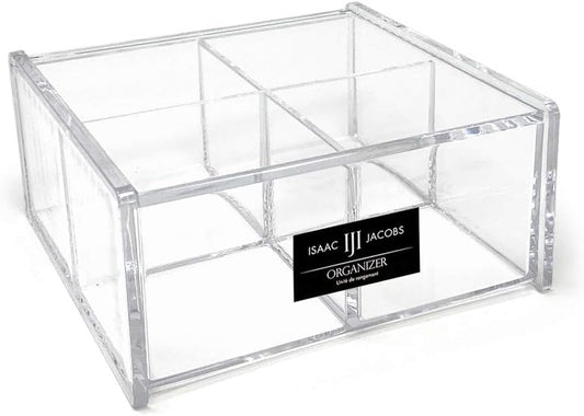 Isaac Jacobs 4-Compartment Square Clear Acrylic Organizer with Lid (5.75" L x 5.75" W x 2.75" H), Multi-Sectional Tray, Stackable, Storage Solution for School, Craft, Office Supplies, Kitchen & More