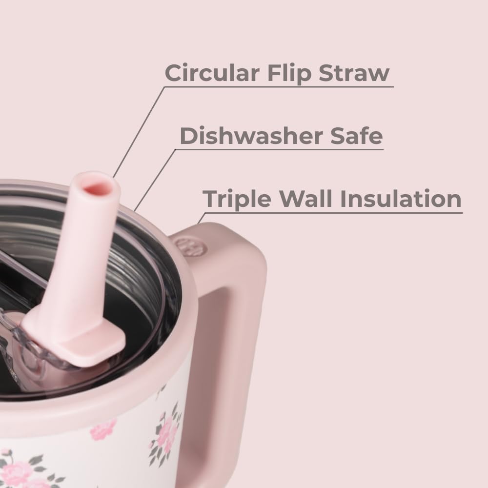 HydroJug Traveler - 32 oz Water Bottle with Handle & Flip Straw - Fits in Cup Holder, Leak Resistant Tumbler-Reusable Insulated Stainless Steel & Rubber Base - Gifts for Women & Men, Wildrose