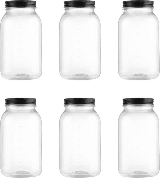 novelinks 32 oz Plastic Food Storage Jars with Metal Lids – 6 Pack BPA-Free Clear Airtight Containers for Pantry, Spices, Snacks, Kitchen & Bathroom Organization – Leak-Proof Reusable Jars (Black)