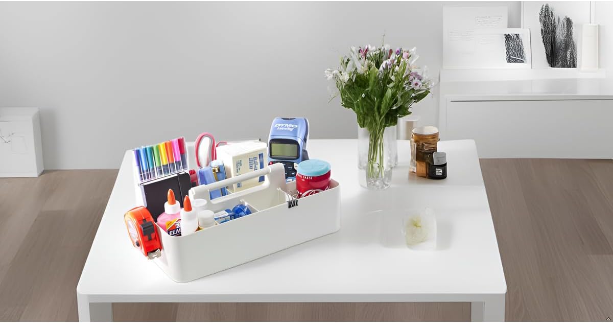 Portable Caddy Organizer -2 Stackable Plastic Caddy with Handle | Desk, Makeup, Dorm Caddy, Classroom Art Organizers (Made In Usa) (Ivory/Orion Gray)