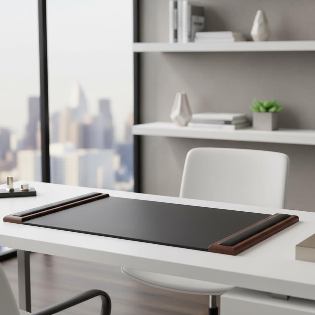Walnut & Black Leather 34" x 20" Side-Rail Desk Pad