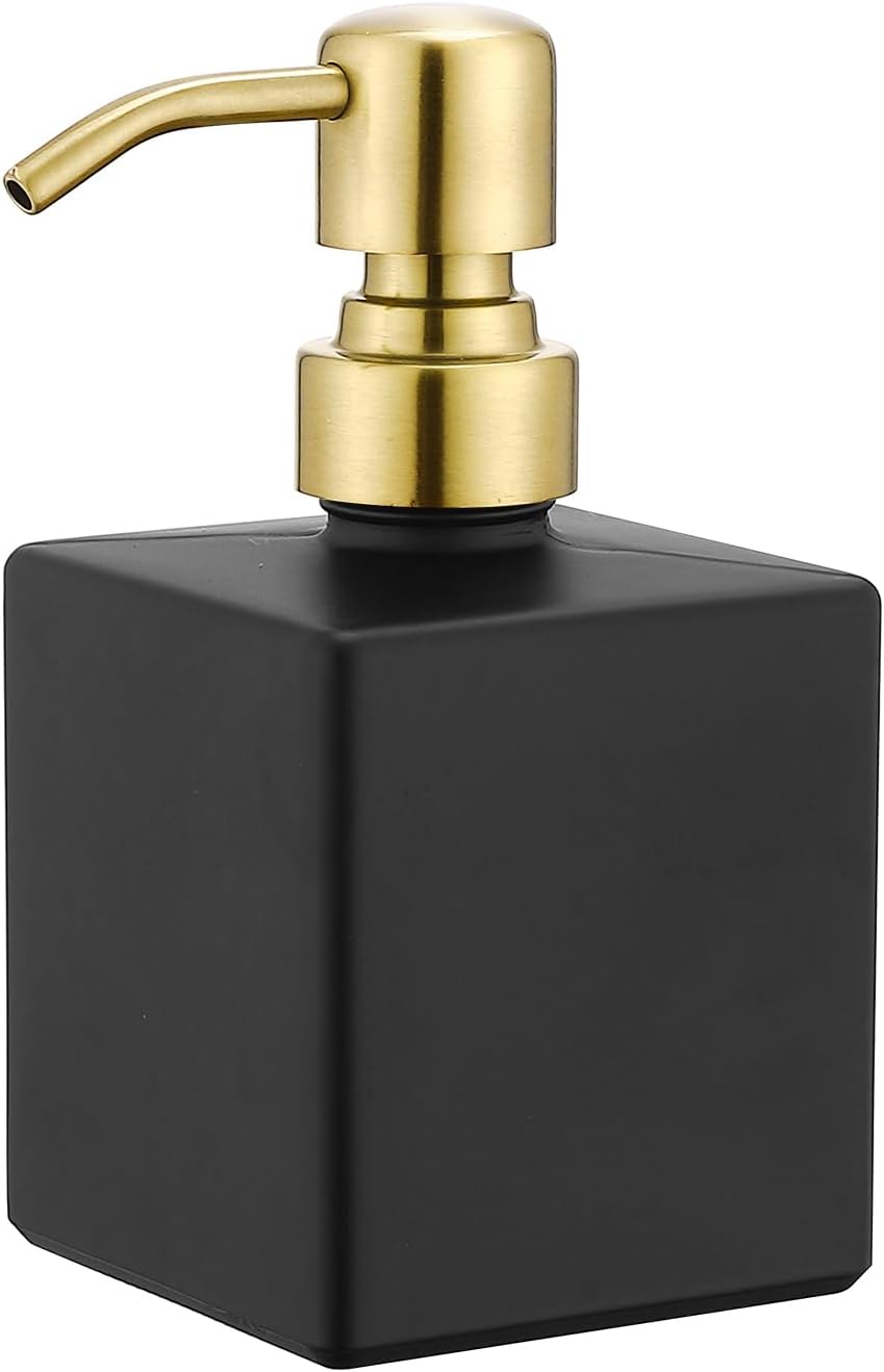 Square Bathroom Soap Dispenser Black and Gold, 8.4 oz Glass Bottles with Stainless Steel Pump Retangle Cube Liquid Soap Dispenser Hand Kitchen