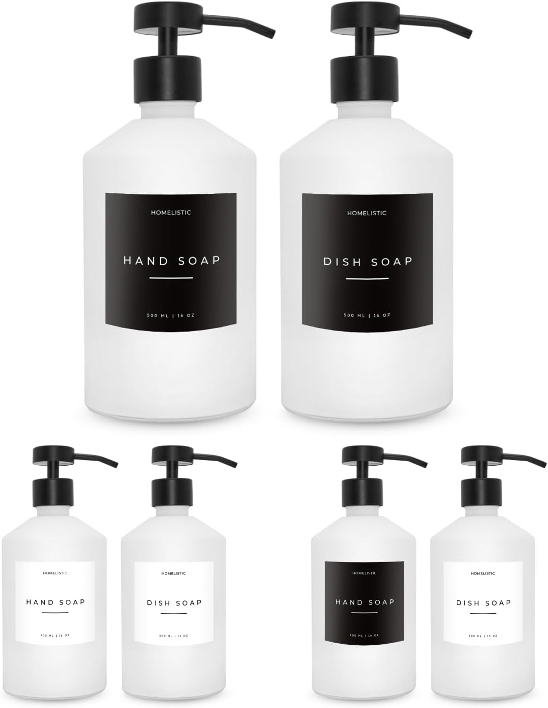 Luxury Glass Soap Dispenser Set of 2 - Elegant Aesthetic White Glass Bottles with Modern Matte Black Stainless Steel Pumps, Ideal for Kitchen, Bathroom, Hand Soap, Dish Soap, and More.