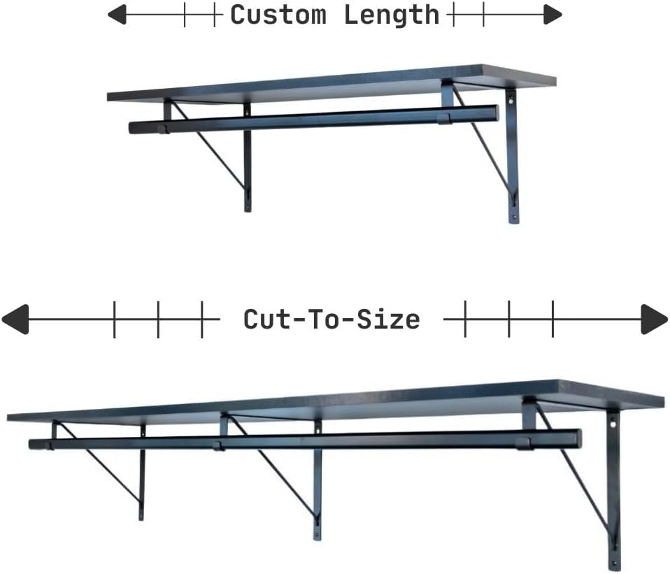 Custom Cut-to-Size Premium Wall-Mounted Shelf with Rod and Bracket Kit. 3/4" Thick Shelves, 14 inches deep. Customize The Length from 16" up to 72".