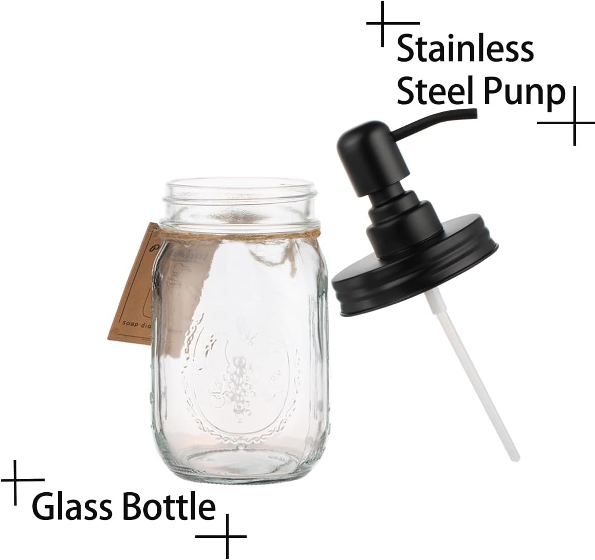 16oz Mason Jar Soap Dispenser Clear Glass Jar with Rust Proof Stainless Steel Pump Liquid Soap Dispenser for Bathroom,KitchenDecor Great for Lotions, Liquid Soaps（Black