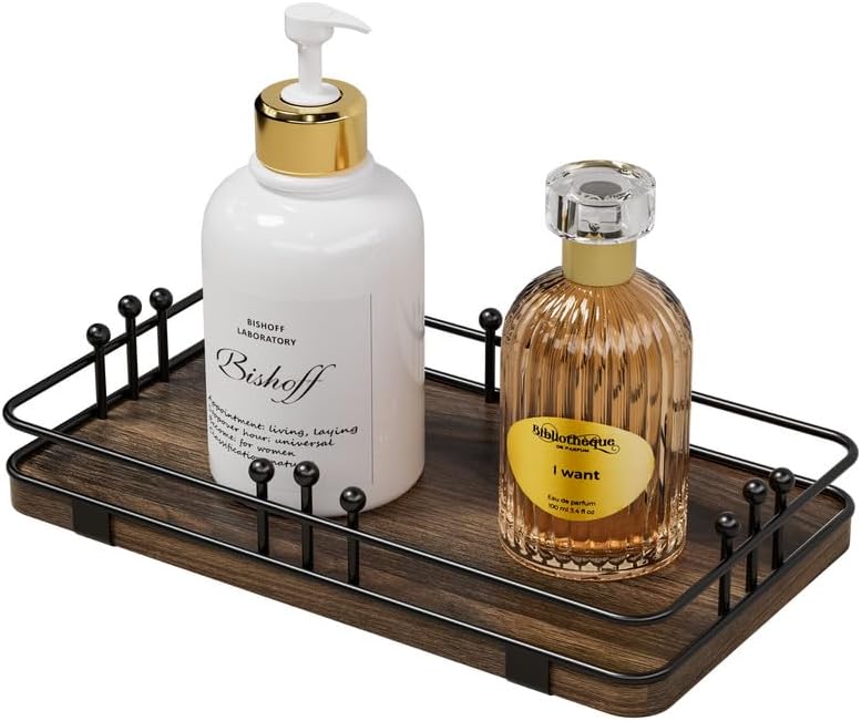 Bathroom Vanity Tray for Toiletries Makeup Perfume Candle Toilet Tank, Kitchen Tray for Soap Dispenser Spice Salt, Small Tray for Countertop Decor Coffee Nightstand 7.9”x4.4” Brown-Black