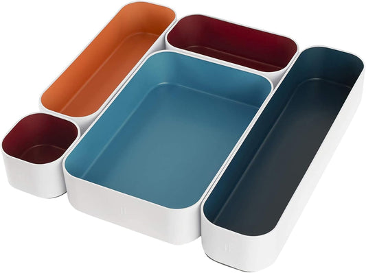 Three by Three Seattle 5 Piece Metal Organizer Tray Set for Storing Makeup, Stationery, Utensils, and More in Office Desk, Kitchen and Bathroom Drawers (2 Inch, Assorted Blue Berry and Sunset)