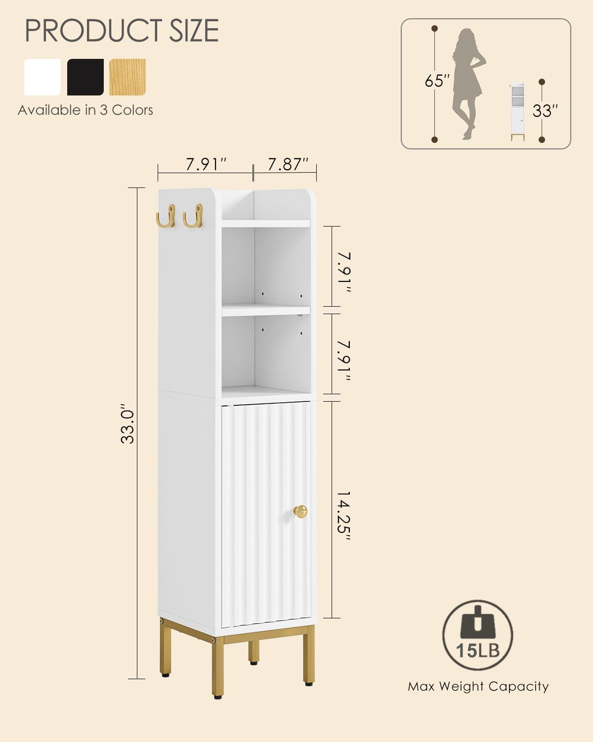 Bathroom Storage Cabinet, Small Corner Floor Hutch with Door and Shelves, Narrow Toilet Paper Cabinet, Bathroom Organizer with 2-Tier Adjustable Shelf for Small Spaces,White