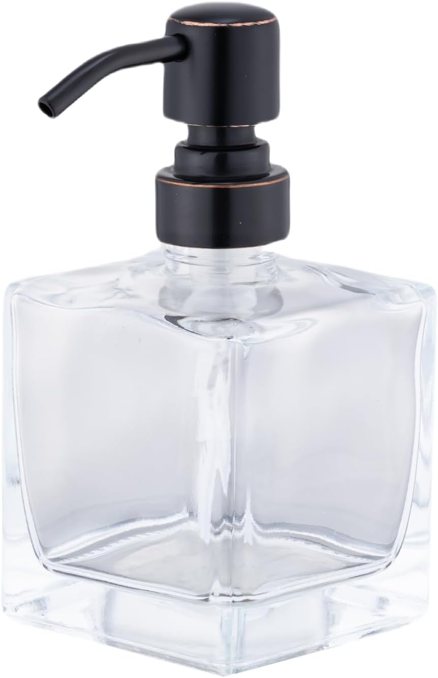 Square Bathroom Soap Dispenser Oil Rubbed Bronze, Glass Bottles with Stainless Steel Pump Retangle Cube Liquid Soap Dispenser Hand Kitchen with Waterproof Lables