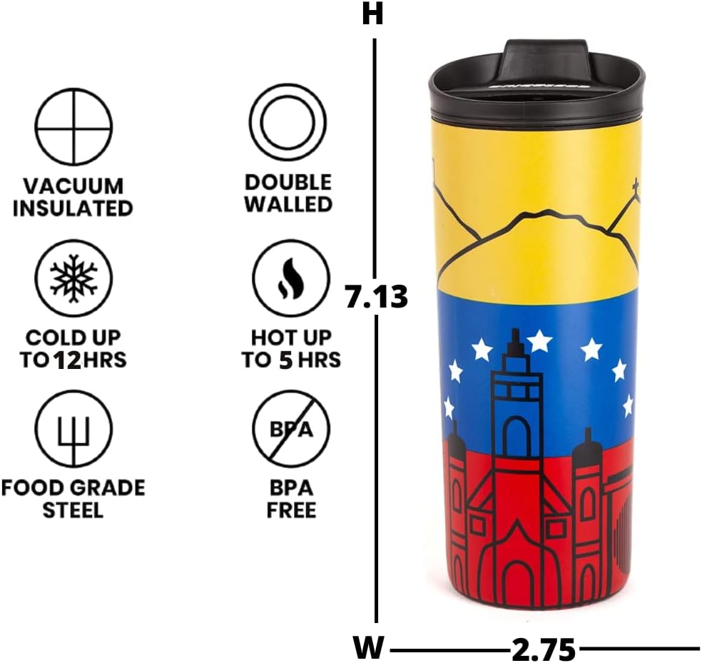 Venezuela Vacuum Insulated Stainless Steel Thermal Travel Mug, 16 oz, Easy Clean, Flip leak Proof Lid Venezuelan Flag with Icons from Caracas