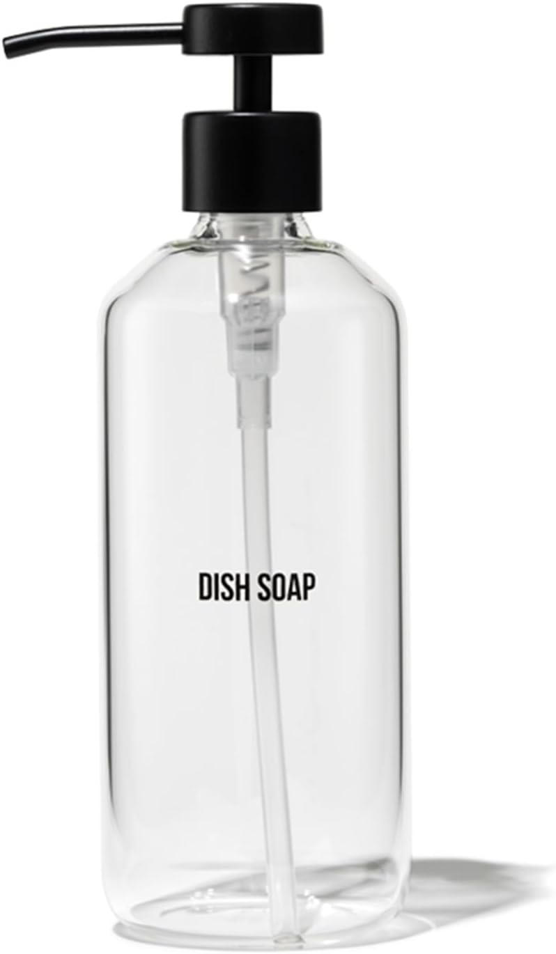 Public Goods Glass Dish Soap Dispenser Pump for Kitchen Sink | Liquid Dish Soap Refill Bottle | Made with Clear Borosilicate Glass and Black Stainless Steel | 16 Oz Dispenser