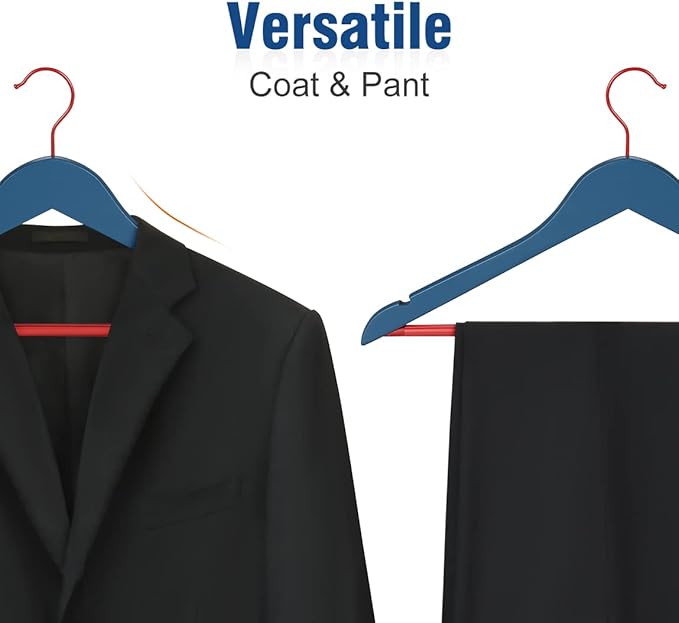 TOPIA HANGER Premium Wooden Hangers with Non-Slip Pant Bar, 360°Swivel Hook and Shoulder Notches, 16 Pack Solid Wood Clothes Hangers for Suit, Coat, Jacket, Camisole(Blue/Red)-CT35BR2