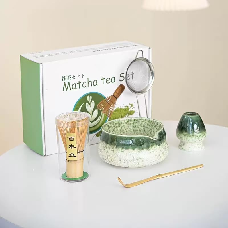 Premium Matcha Tea Set - 5 Pcs with Kiln-Transformation Glaze Ceramic Bowl, Prong Bamboo Whisk, Scoop, Sifter & Holder | Authentic Japanese-Style Tools (green)