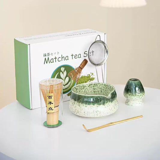Premium Matcha Tea Set - 5 Pcs with Kiln-Transformation Glaze Ceramic Bowl, Prong Bamboo Whisk, Scoop, Sifter & Holder | Authentic Japanese-Style Tools (green)