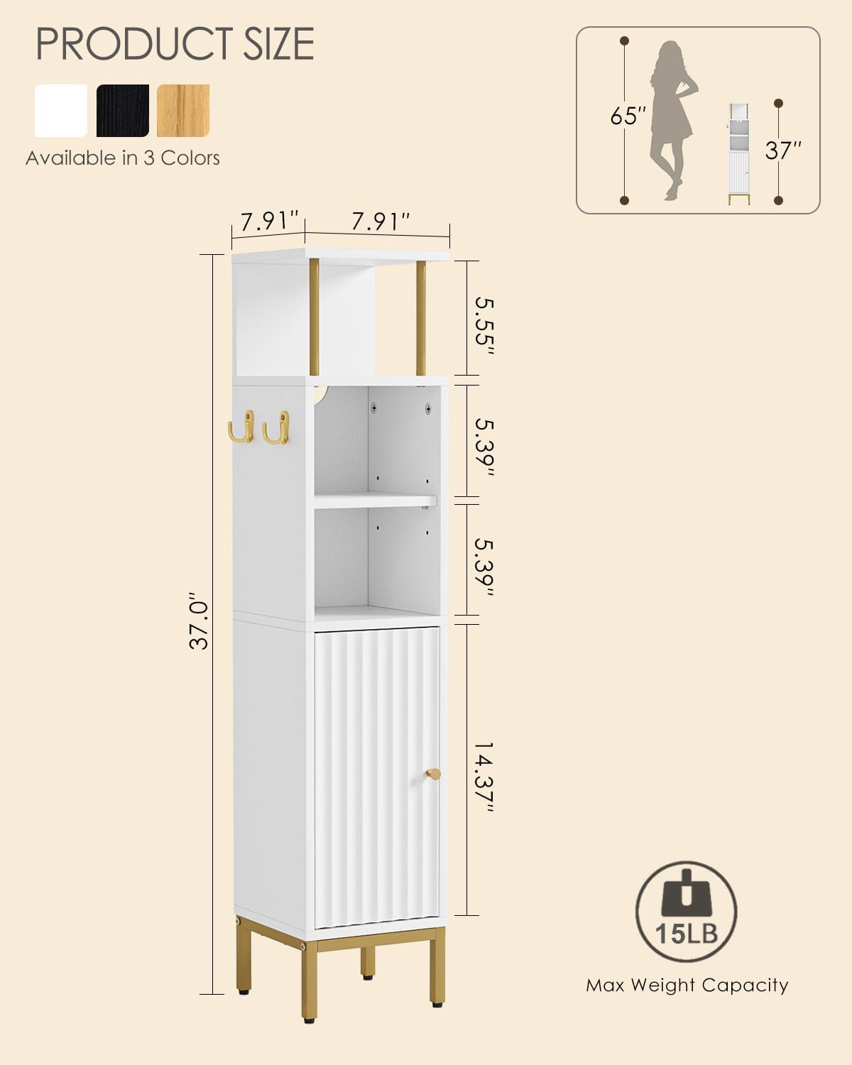 Bathroom Storage Cabinet,Small Corner Floor Cabinet with 2 Hook,Narrow Tall Toilet Paper Cabinet with Adjustable Shelves,Bathroom Organizer for Living Room,Small Spaces (Wave, White-37''H)