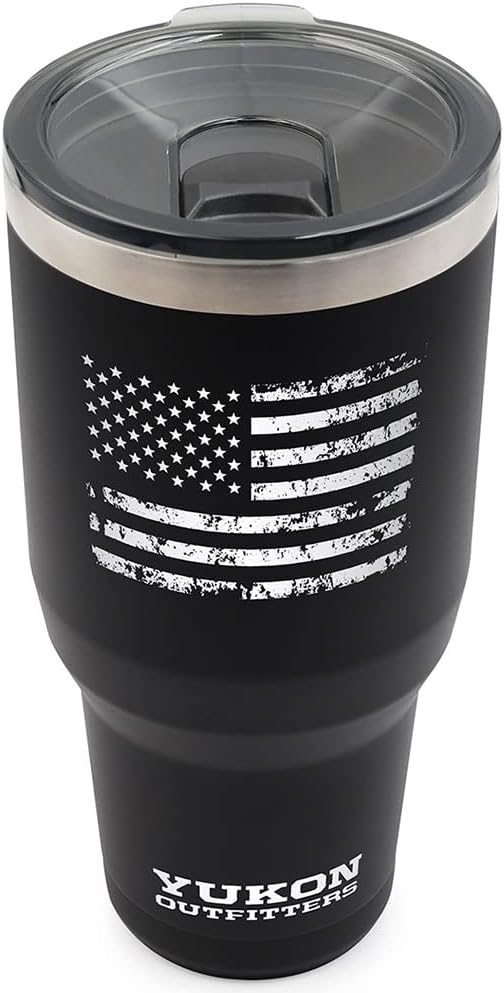 Yukon Outfitters Freedom High Grade 18/8 Stainless Steel Double Wall Vacuum Insulated Tumbler (40oz / 1183ml) - 8.8" H x 4.2" Top Dia. / 3" Bottom Dia., Black with 'Distressed USA Flag' Engraving