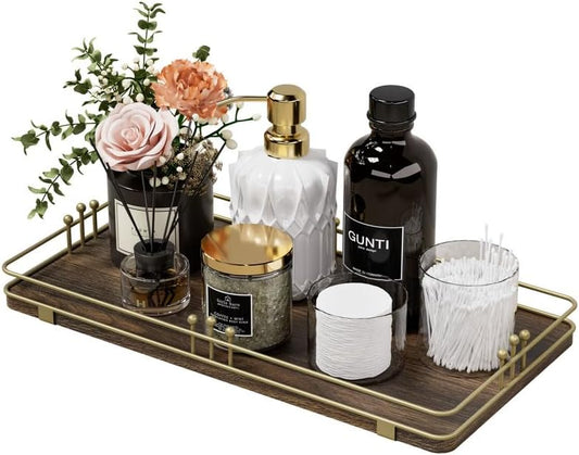 Toilet Paper Basket, Bathroom Basket for Counter Toiletries Towel Decor, Toilet Tank Tray, Guest Back of Toilet Organizer Storage, Vanity Tray for Perfume Makeup, Kitchen 13”x6.5” Brown-Gold