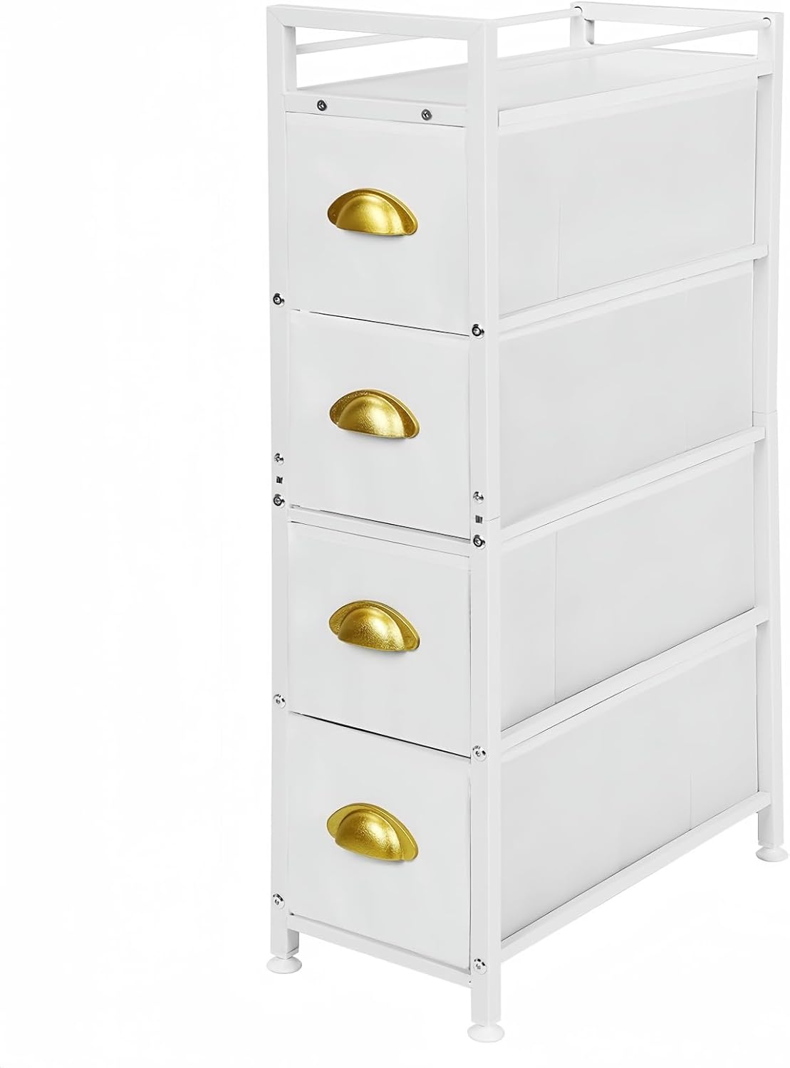 MOOACE Narrow Dresser Storage Tower with 4 Drawers, Slim Dresser Chest of Drawers, Vertical Small Fabric Dresser Standing, Wood Top Organizer for Bedroom, Bathroom & Laundry, White/Gold