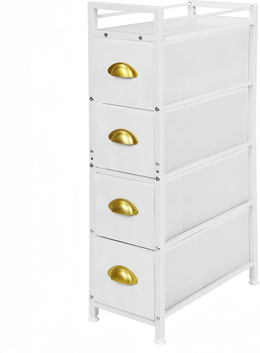 MOOACE Narrow Dresser Storage Tower with 4 Drawers, Slim Dresser Chest of Drawers, Vertical Small Fabric Dresser Standing, Wood Top Organizer for Bedroom, Bathroom & Laundry, White/Gold
