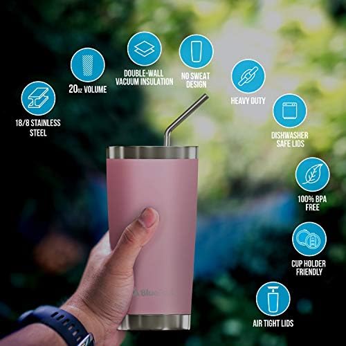 BluePeak Double Wall Stainless Steel Vacuum Insulated Tumbler Set, 2-Pack. Includes Sipping Lids, Spill-Proof Sliding Lids, Straws, Cleaning Brush & Gift Box (20oz, Pink)