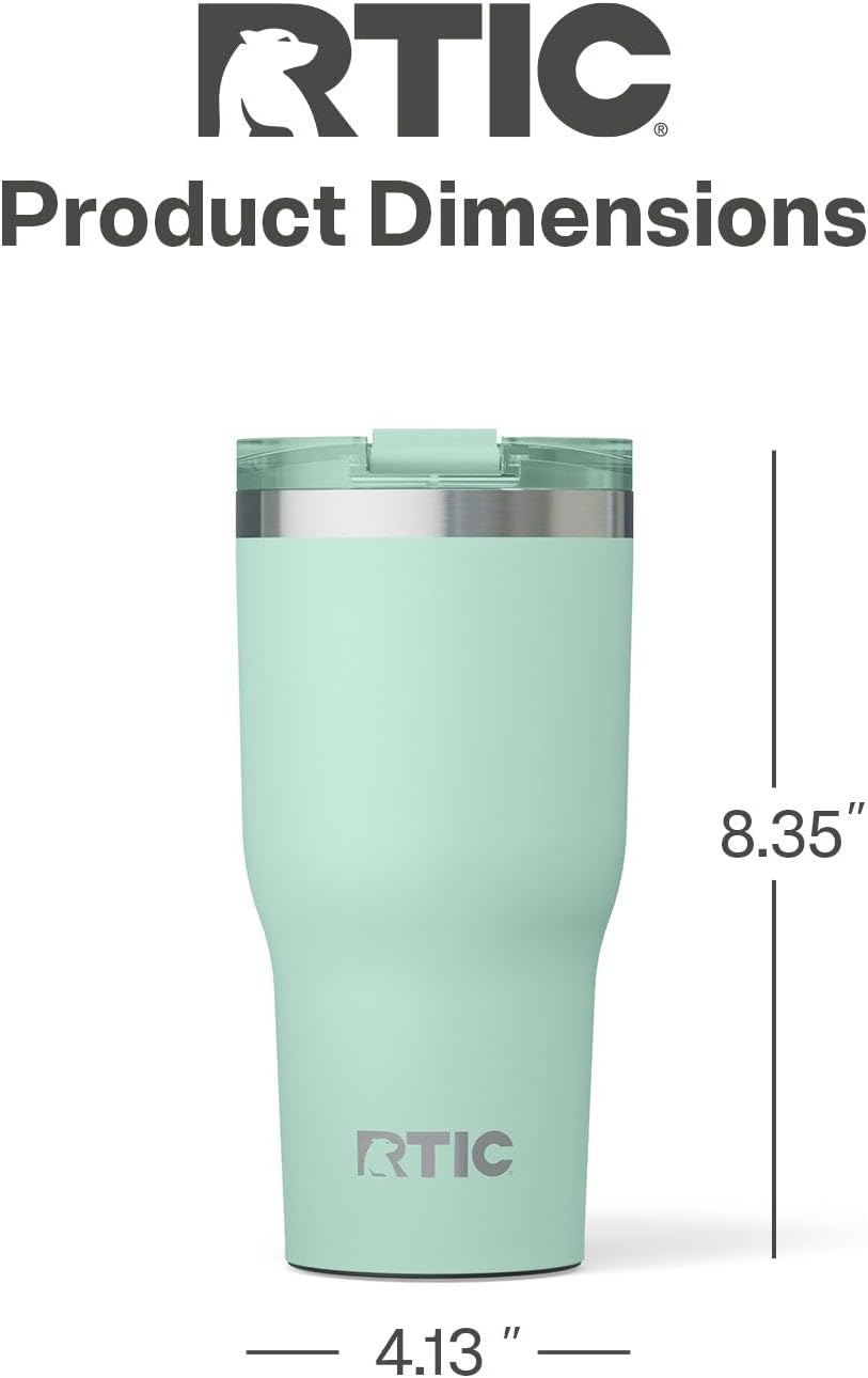 RTIC 30oz Essential Tumbler with Lid, Ceramic Lined, Insulated, Stainless Steel, Metal, Double Wall Vacuum-Insulation, Travel Cup for Iced Coffee, Tea, Hot and Cold Drink, Fresh Mint
