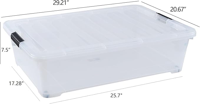 Zopnny 50 Quart Large Underbed Storage Bins with Lids, Plastic Under Bed Storage Containers, Clear, 3 Packs