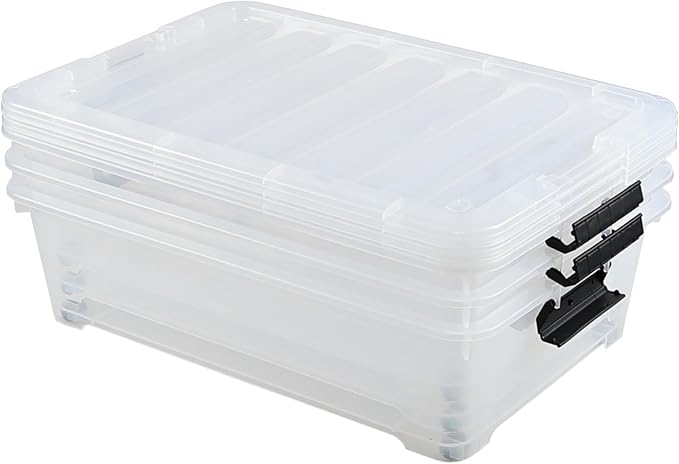 Gloreen 25 Quart Plastic Underbed Storage Container with Wheels, Clear Under Bed Storage Box Bins, 3-Pack