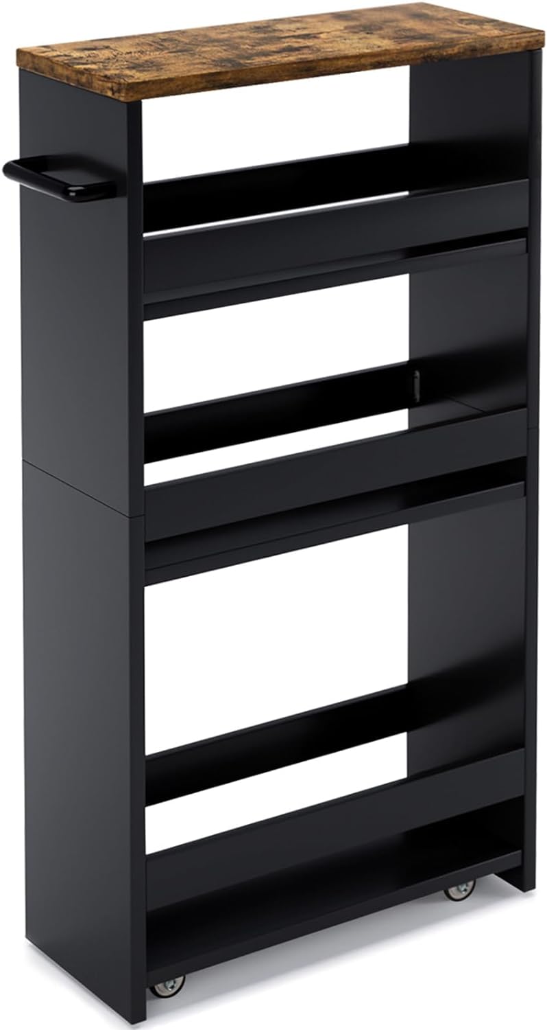 MARTY Rolling Storage Cart 4-Tier Black Kitchen Cart with Wheels, Slim Storage Cart with Handle Slide Out Utility Cart Shelving Unit Organizer Trolley for Laundry Narrow Places Bathroom Small Corner