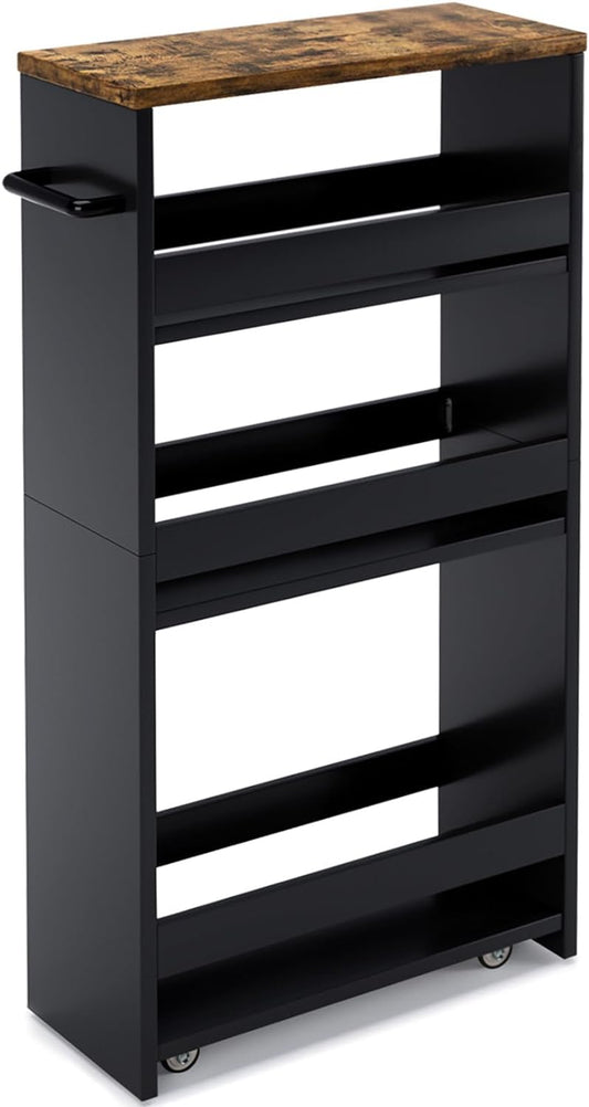 MARTY Rolling Storage Cart 4-Tier Black Kitchen Cart with Wheels, Slim Storage Cart with Handle Slide Out Utility Cart Shelving Unit Organizer Trolley for Laundry Narrow Places Bathroom Small Corner