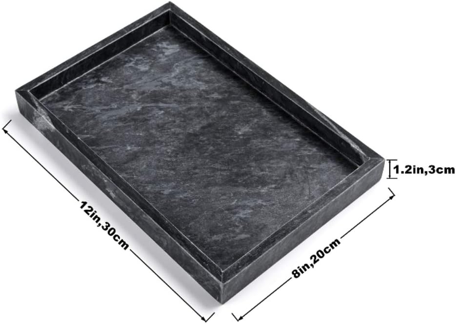 Black Marble Tray, Stone Bathroom Tray, Decorative Holder for Tissrue, Candle, Soap, Towel, Plant (Black - 12 x 8)