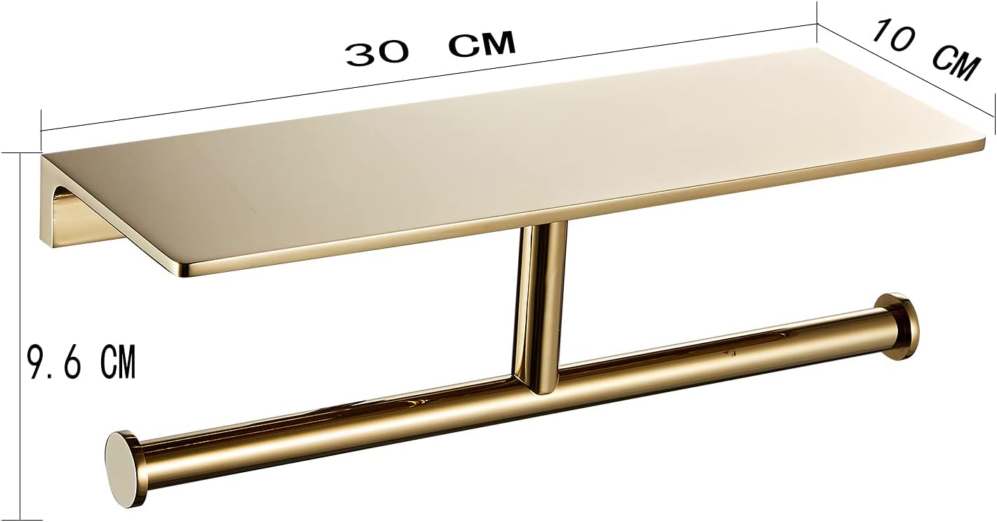 Double Roll Toilet Paper Holder with Shelf Solid Brass and Superior Hotel Style Tissue Dispenser Spared Storage Polished Gold Finish
