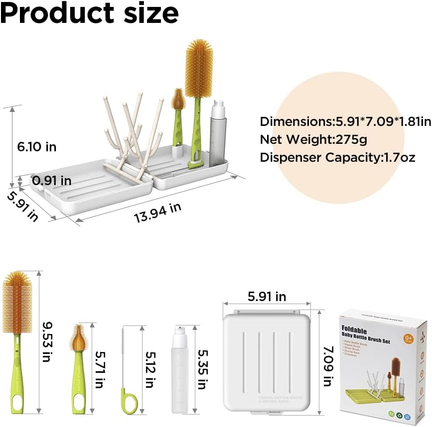 Travel Bottle Brush with Portable Bottle Drying Rack, Baby Bottle Brush for Baby Travel Essential, White