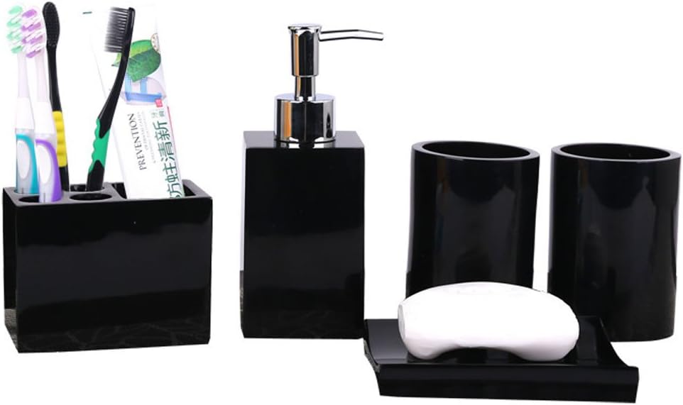 LUANT Resin Soap Dish, Soap Dispenser, Toothbrush Holder & Tumbler Bathroom Accessory 5 Piece Set (Black)