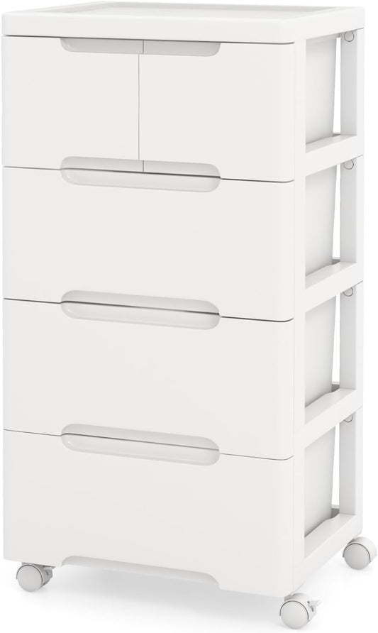 LOKO 5-Drawer Plastic Rolling Storage Cart, Mobile Storage Cabinet with 4 Universal Wheels, Vertical Storage Tower Container Unit for Living Room, Bedroom, Home Office, White (16”x13”x31” (5 Drawers))