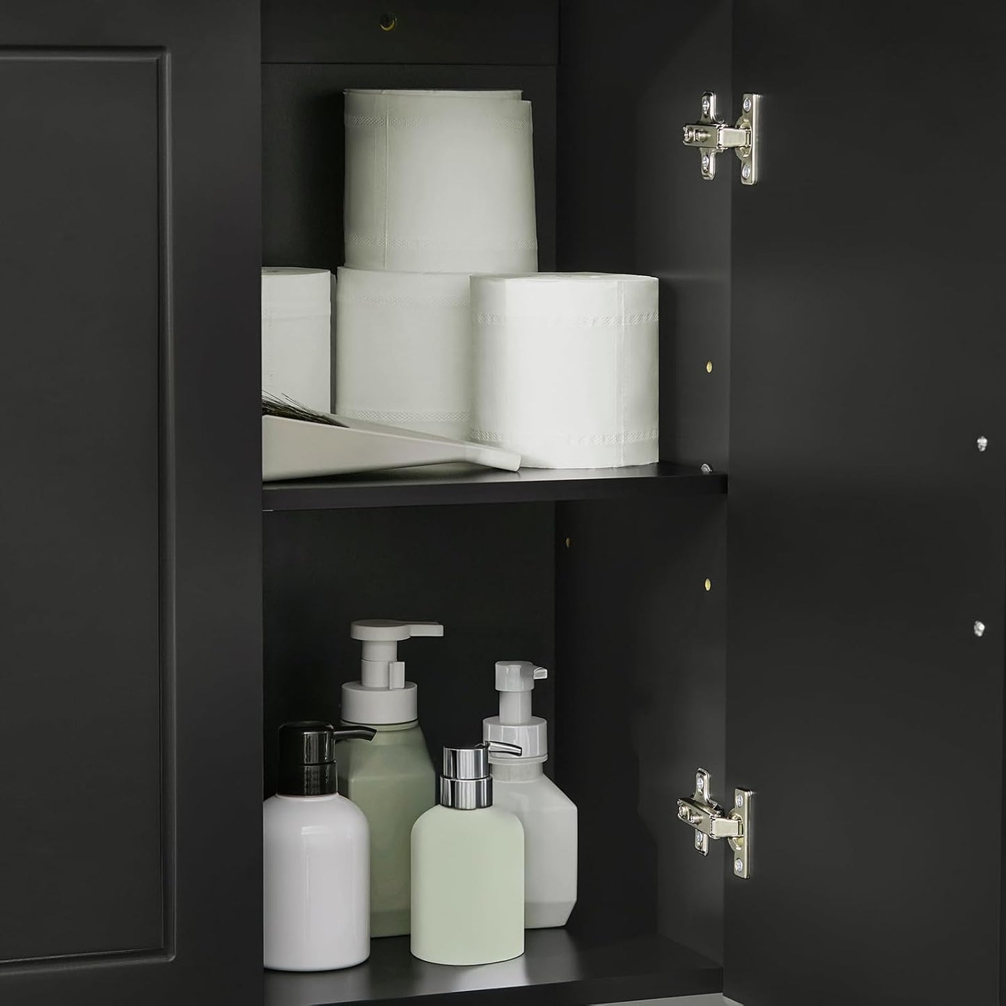 3-Doors Bathroom and Laundry Room Wall Cabinet with Adjustable Shelves, Wall Mounted MDF Storage Organizer Over Toilet or Washer, Black, HUS-FRG231-L