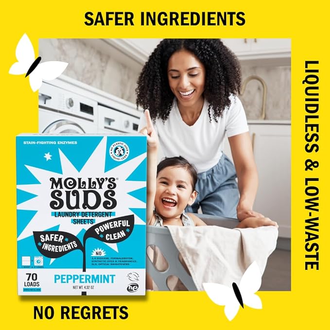 Molly’s Suds Laundry Detergent Sheets | Gentle on Sensitive Skin, Powerful Bio-Based Enzymes, Stain-Fighting | Liquidless & Plastic-Free Packaging | 120 Loads (Peppermint)