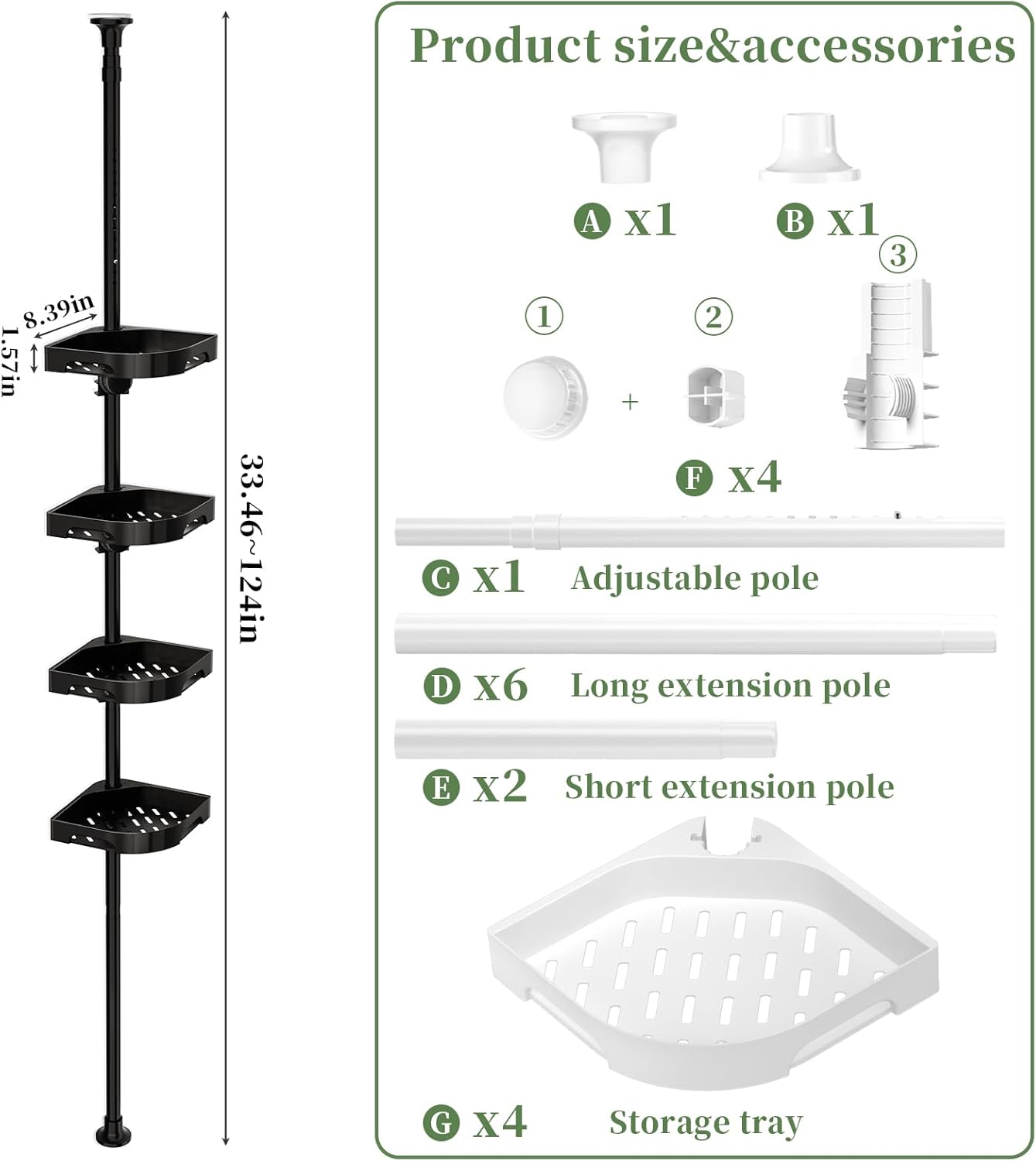 Tension Pole Shower Caddy Organizer with4 Tier L-Shaped Rust Resistant Bathroom Corner Shelves with 34-124 Inch Adjustable No Drilling Quick Install Shower Rack for Bath Essentials (Black)