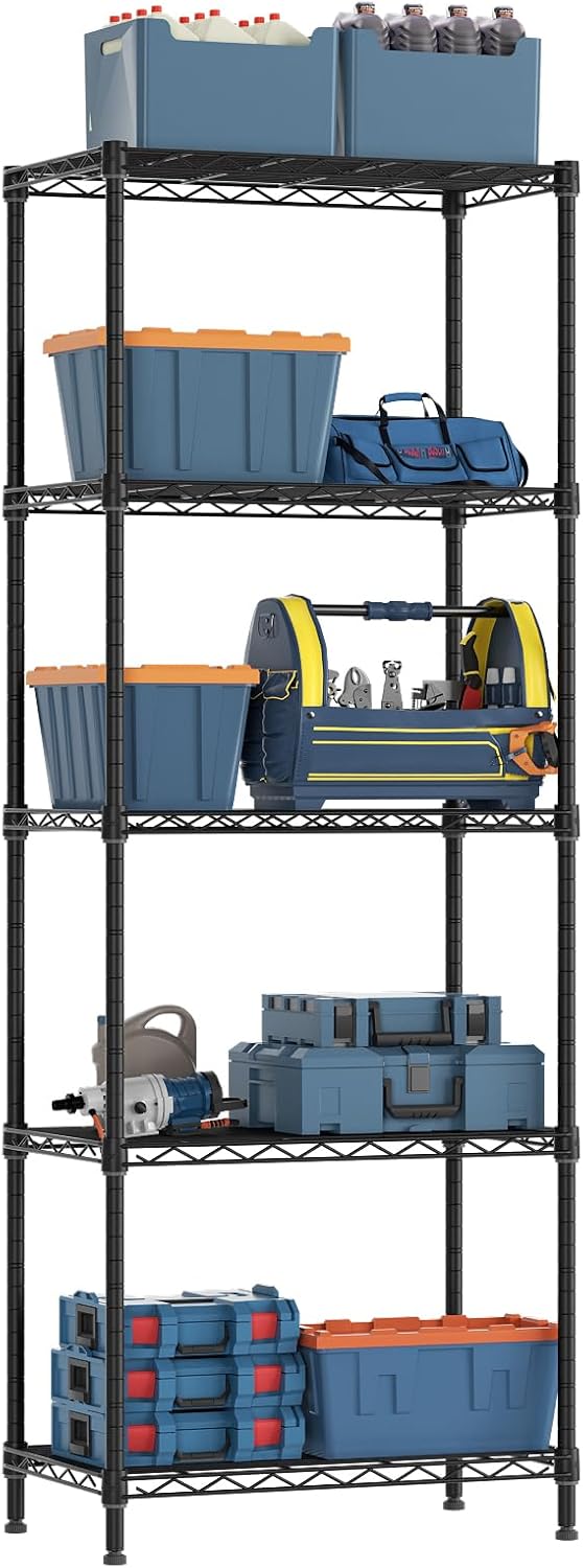 5 Tier Adjustable Storage Shelves Heavy Duty Metal Utility Shelf 750LBS Capacity Wire Shelving Unit Organizer Rack for Home Kitchen Office Bathroom Pantry Room 12" D x 22" W x 59" H Black