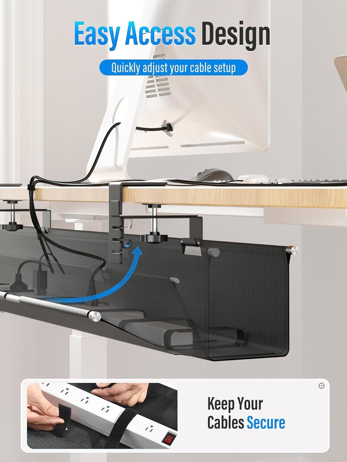 [Upgraded] Large Under Desk Cable Management Tray, Cinati Cable Management Under Desk No Drill, 42" Fabric Cord Hider for Wire Organizer, Cord Organizer for Office, Home - Supports Up to 30lbs Black