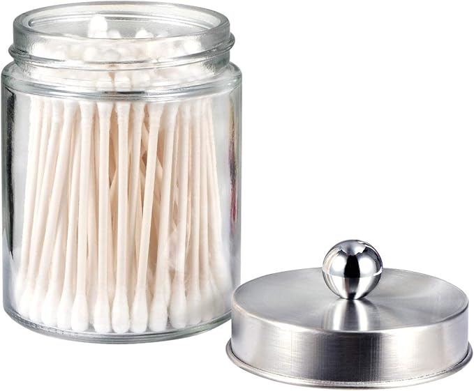 Amolliar Apothecary Jars Bathroom Vanity Organizer -Countertop Canister Jar with Storage Lid - Qtip Dispenser Holder Glass for Qtips,Cotton Swabs,Makeup Sponges ,Hair Band - Brushed Nickel (1 Pack)