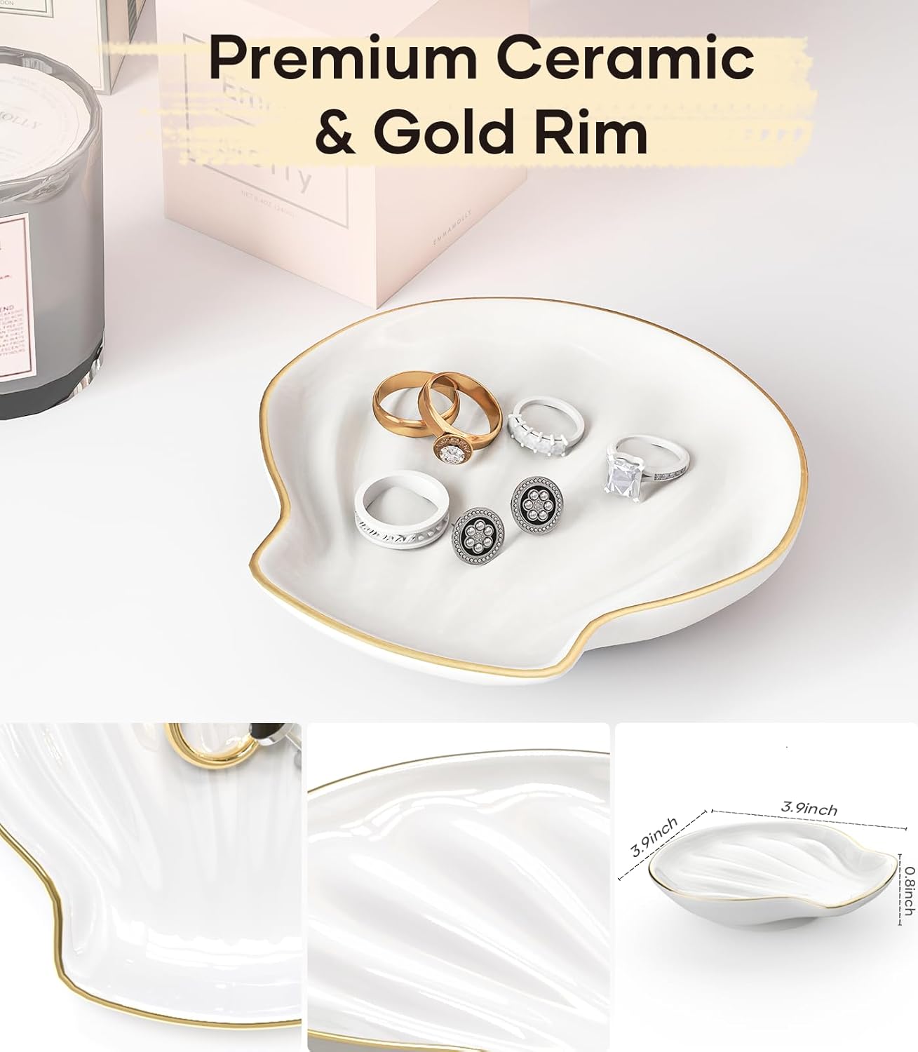 Jewelry Dish for Rings & Necklaces – Aesthetic Ceramic Jewelry Organizer Tray Shell Shaped White Plate Jewelry Holder & Storage Tray for Dresser Vanity Bathroom Nightstand or Gift for Her