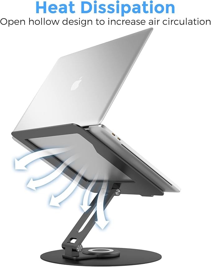 Swivel Laptop Stand for Desk, Adjustable Height Aluminum Computer Stand with 360 Rotating Base, Foldable Ergonomic Riser, Portable Laptop Holder Compatible with MacBook, All Laptops 10-17'', Black