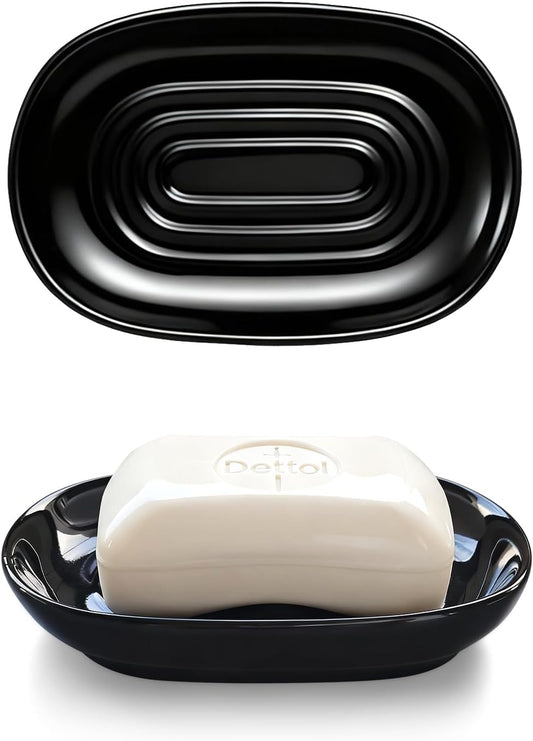 Ceramic Soap Dish for Bath Sink- Modern Black Bar Soap Holder for Shower - Easy to Clean Multi-Purpose Oval Soap Dishes for Soap Bar, Sponges, Jewelry, Small Items | Fits Bathroom & Kitchen